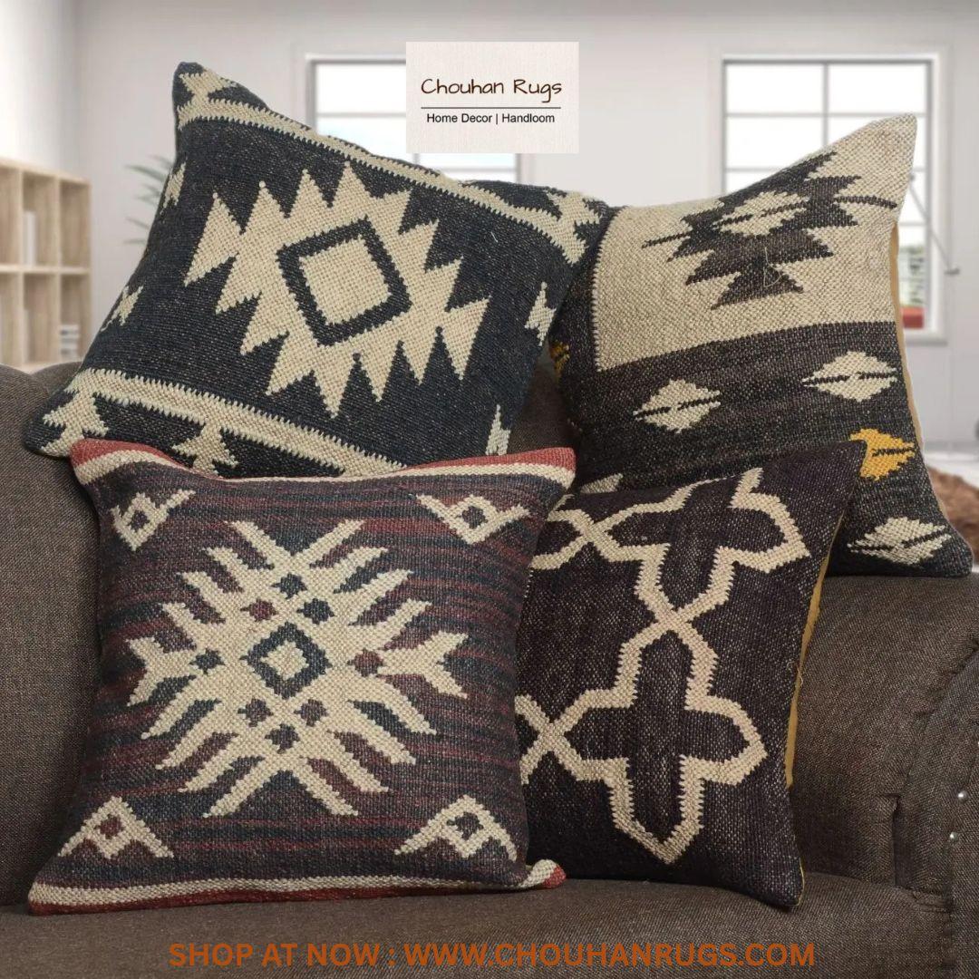 Natural jute cushion cover on a sofa in Japan”